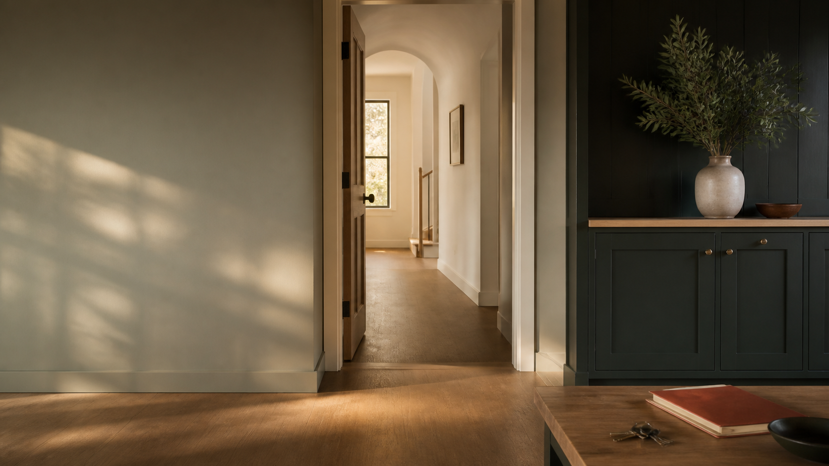 Sunlight falling through an open doorway, with house keys resting beside a notebook.